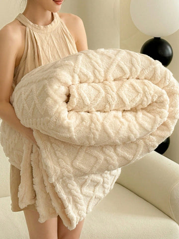 1pc Thickened Taffeta Jacquard Faux Long Pile Lamb Fleece Blanket, Soft & Warm Reversible Bed Throw Blanket Shawl, Suitable For Living Room, Bedroom, Dorm Decor, Back To School/School Season/Dorm Bedding