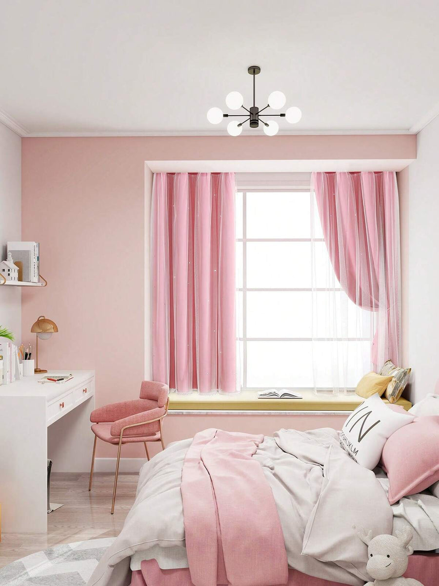 1pc Hollow Star Sheer Curtain, Polyester Lace Double Layer Curtain, Darkening Curtain For Living Room Bedroom, Cute Style