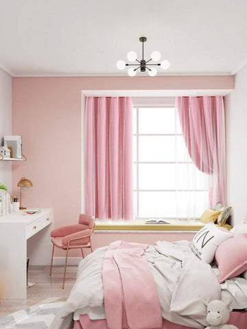 1pc Hollow Star Sheer Curtain, Polyester Lace Double Layer Curtain, Darkening Curtain For Living Room Bedroom, Cute Style