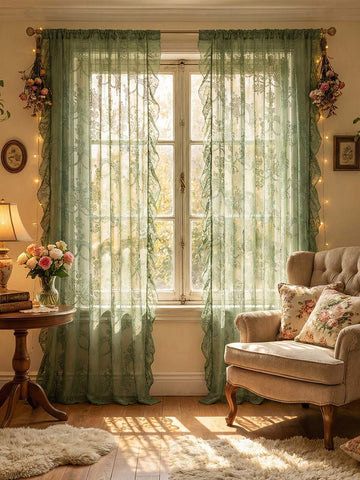 1pc New French Luxury Floral Lace Trim Curtain Sheer, Holiday Decor