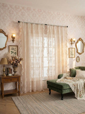 1pc New French Luxury Floral Lace Trim Curtain Sheer, Holiday Decor